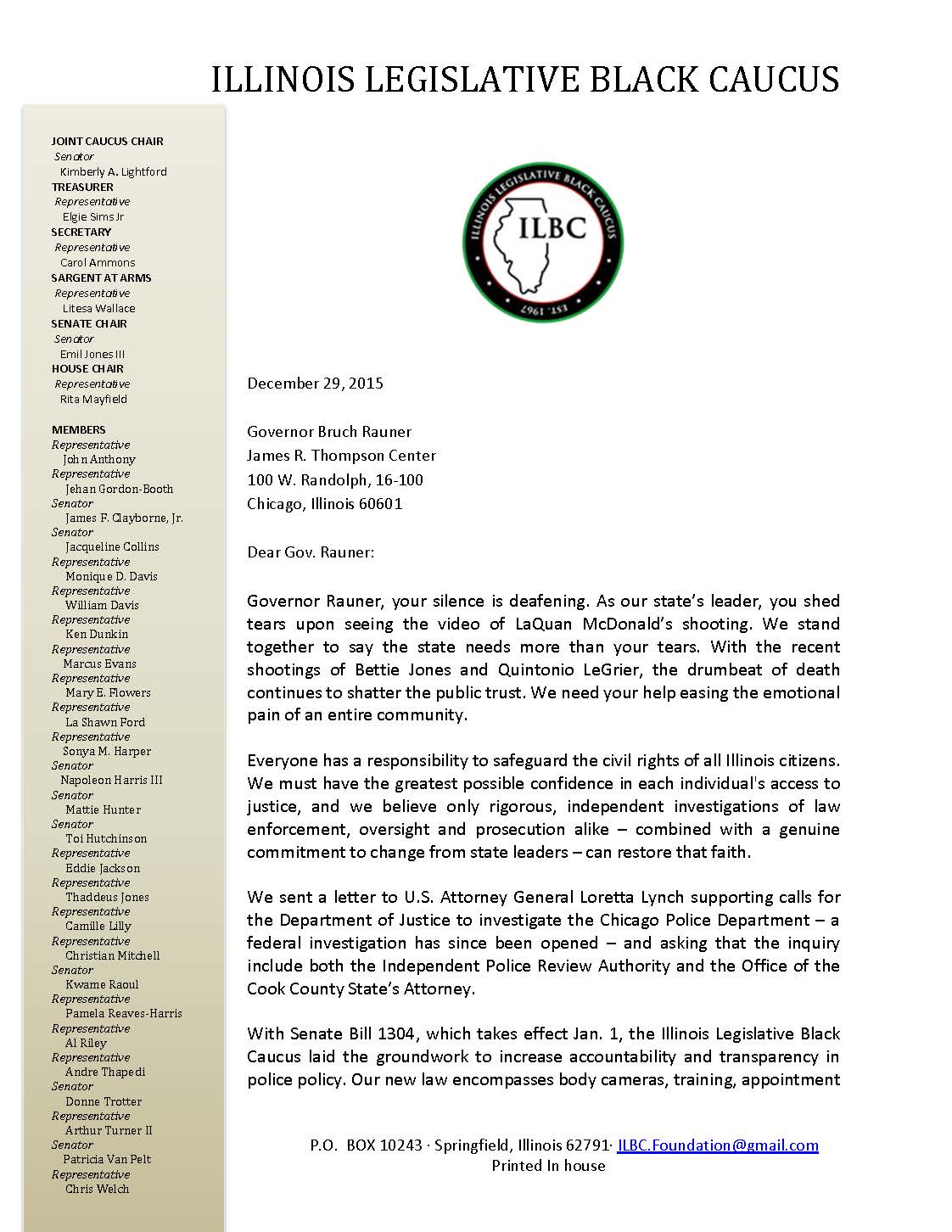 ILBC letter to Rauner police shootings Page 1